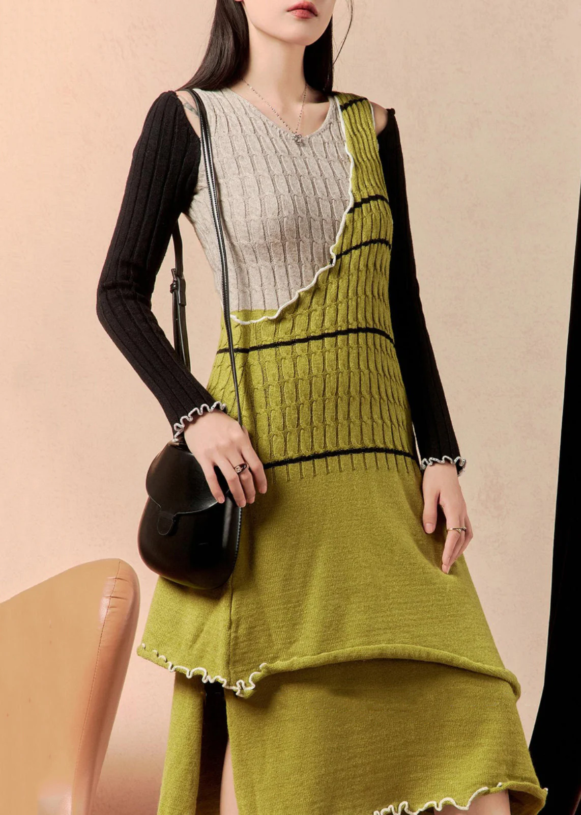 Novelty Green Asymmetrical Side Open Patchwork Knit Knitted Dress Winter - Image 3