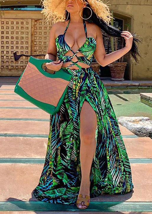 Novelty Green Print Hollow Out Side Open Cotton Vacation Dresses Sleeveless - Image 2