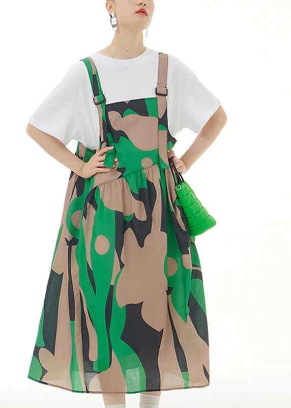 Novelty Green Slash Neck Print Cotton Long Strap Dresses Summer - Image 2