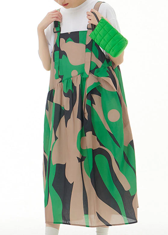 Novelty Green Slash Neck Print Cotton Long Strap Dresses Summer - Image 3