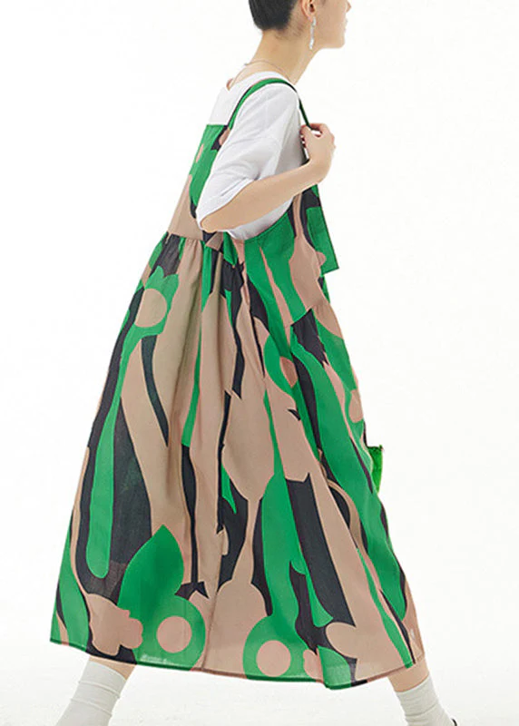 Novelty Green Slash Neck Print Cotton Long Strap Dresses Summer - Image 4