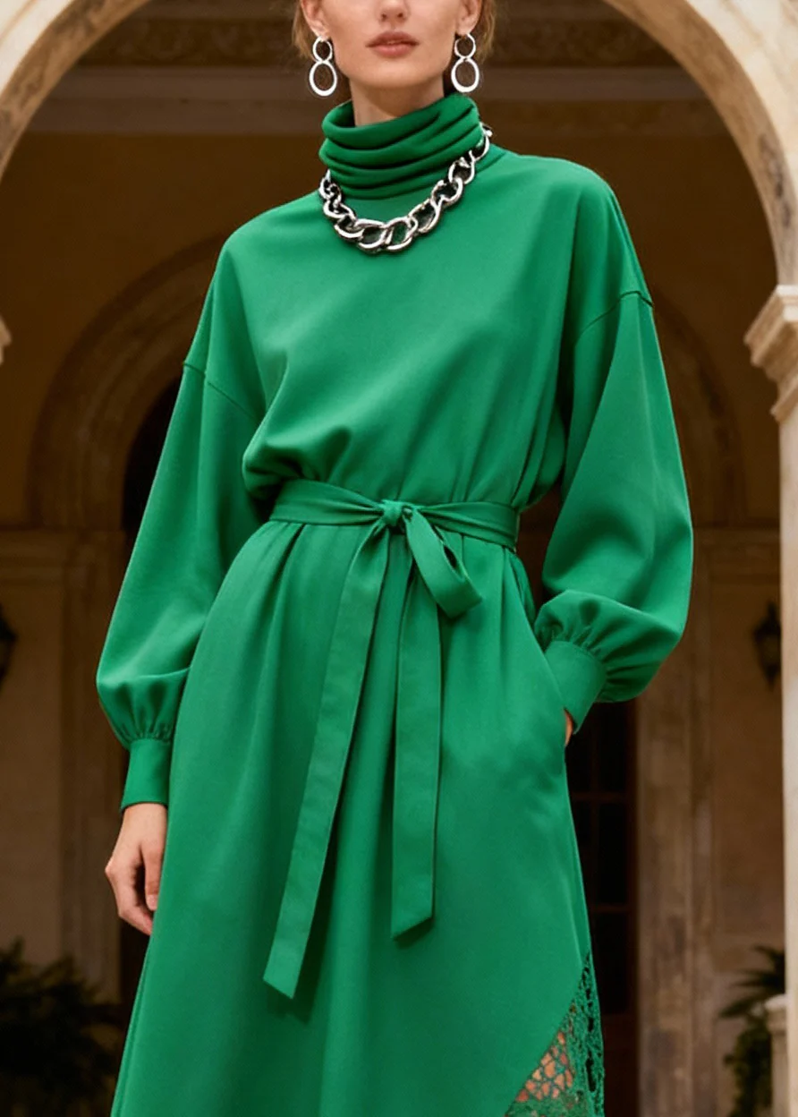 Novelty Green Turtleneck Patchwork Pockets Maxi Dresses Lantern Sleeve - Image 2