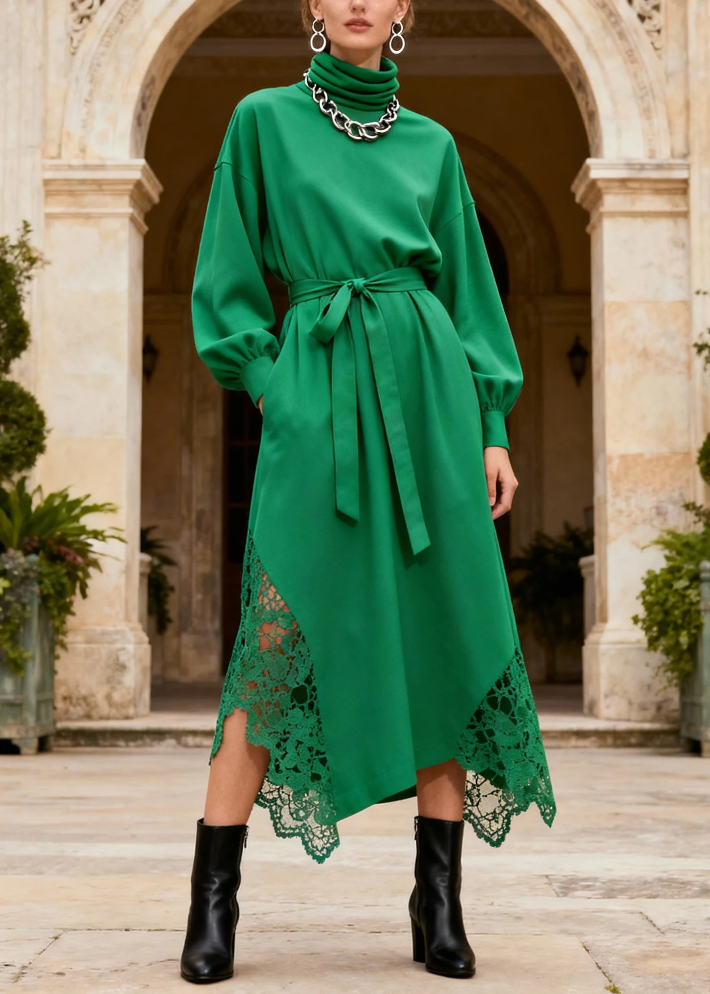 Novelty Green Turtleneck Patchwork Pockets Maxi Dresses Lantern Sleeve - Image 3