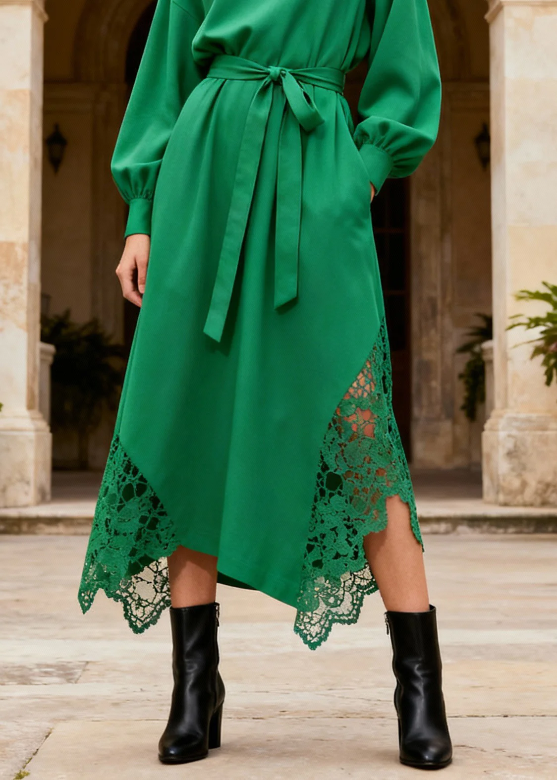 Novelty Green Turtleneck Patchwork Pockets Maxi Dresses Lantern Sleeve - Image 4