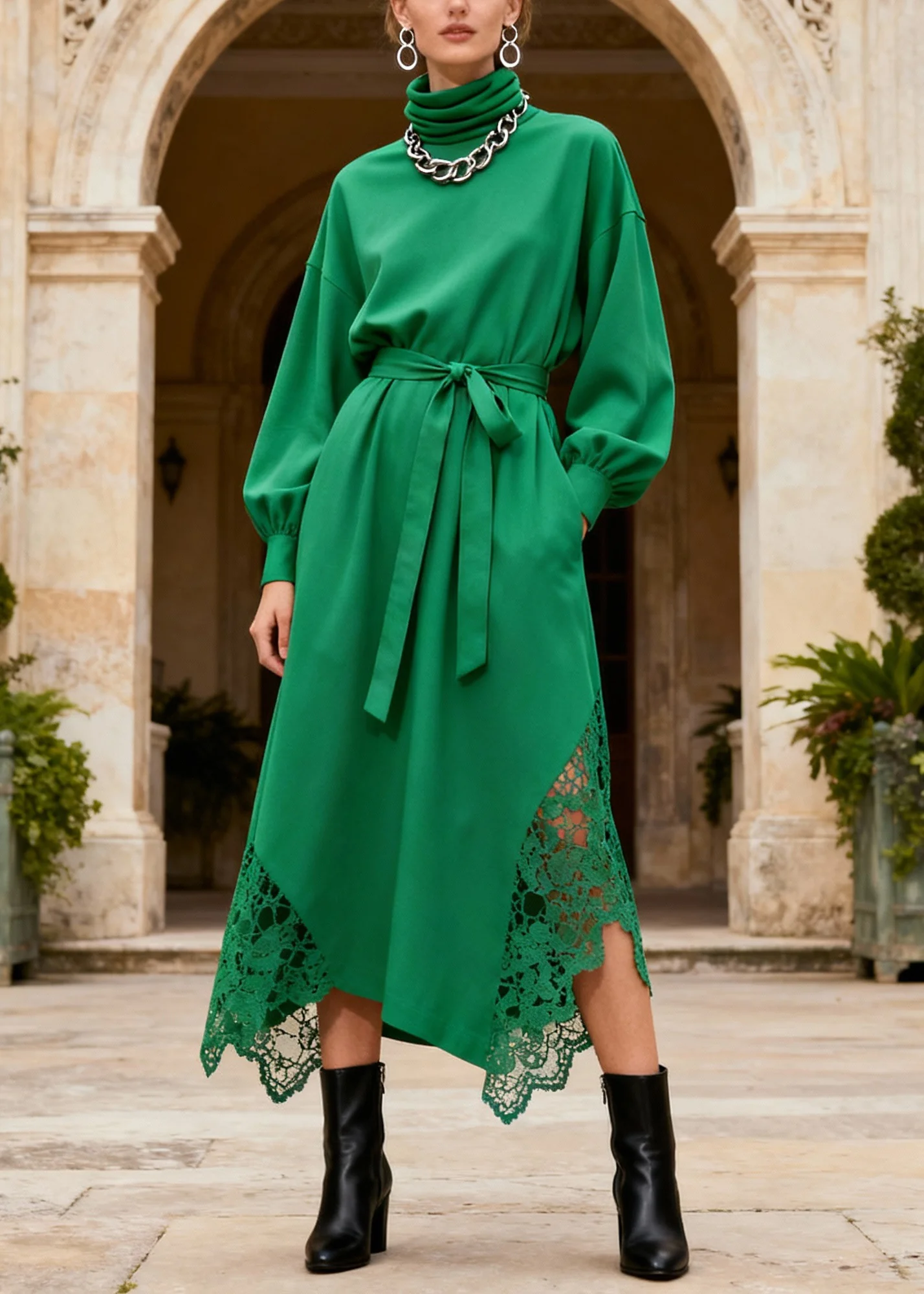 Novelty Green Turtleneck Patchwork Pockets Maxi Dresses Lantern Sleeve - Image 5