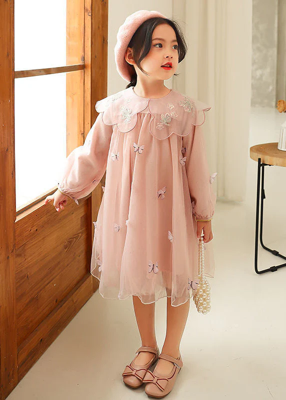 Novelty Grey Butterfly Embroideried Tulle Girls Long Dress Long Sleeve - Image 2