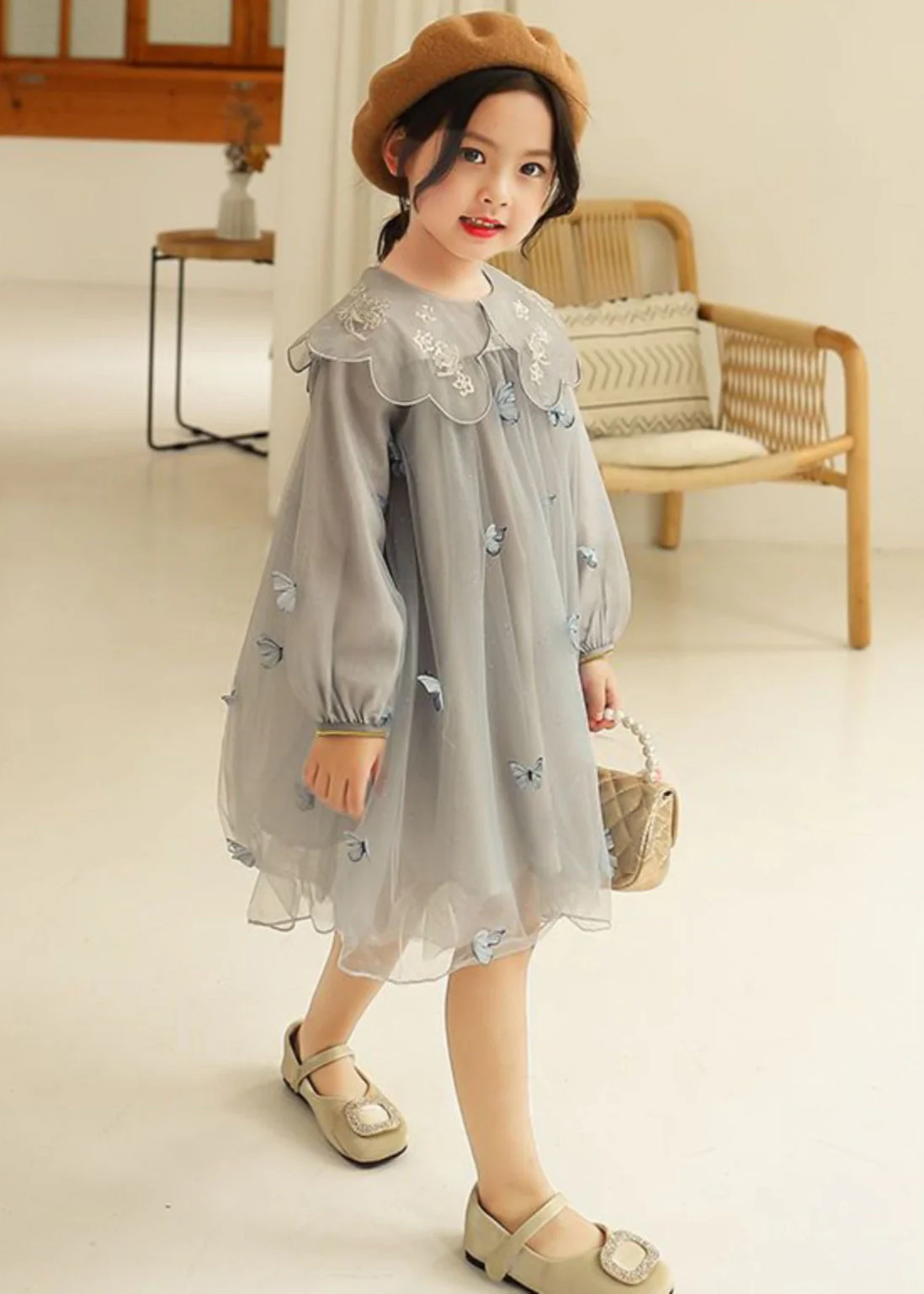 Novelty Grey Butterfly Embroideried Tulle Girls Long Dress Long Sleeve - Image 3