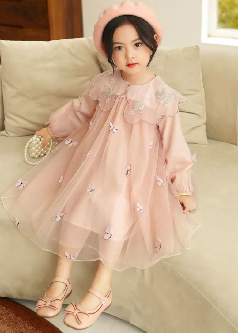 Novelty Grey Butterfly Embroideried Tulle Girls Long Dress Long Sleeve - Image 4