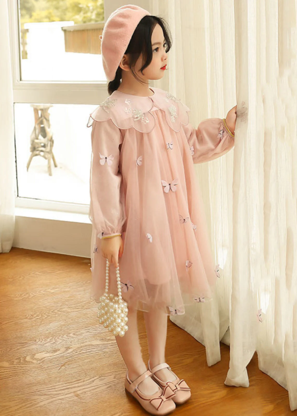 Novelty Grey Butterfly Embroideried Tulle Girls Long Dress Long Sleeve - Image 5