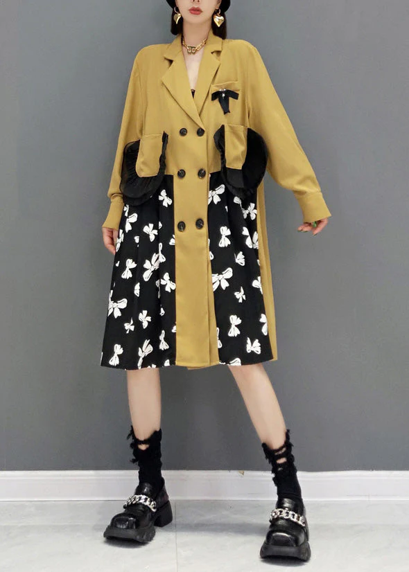 Novelty Khaki V Neck Patchwork Print Button Shirts Dress Spring - Image 2