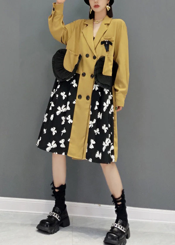 Novelty Khaki V Neck Patchwork Print Button Shirts Dress Spring - Image 3