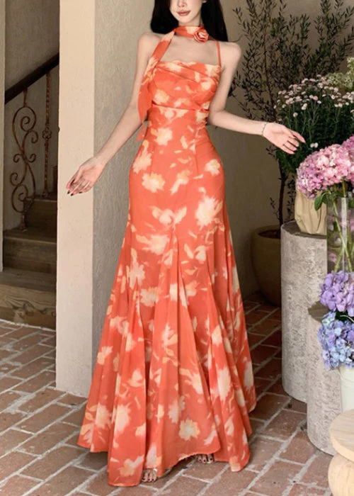 Novelty Orange Print Lace Up Chiffon Long Dresses Sleeveless - Image 2