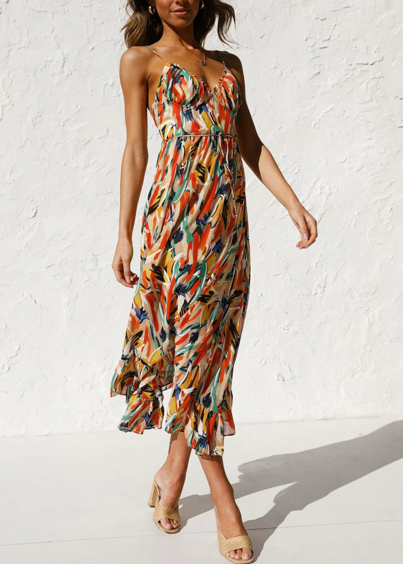 Novelty Orange Ruffled Print Cotton Spaghetti Strap Dress Sleeveless - Image 3