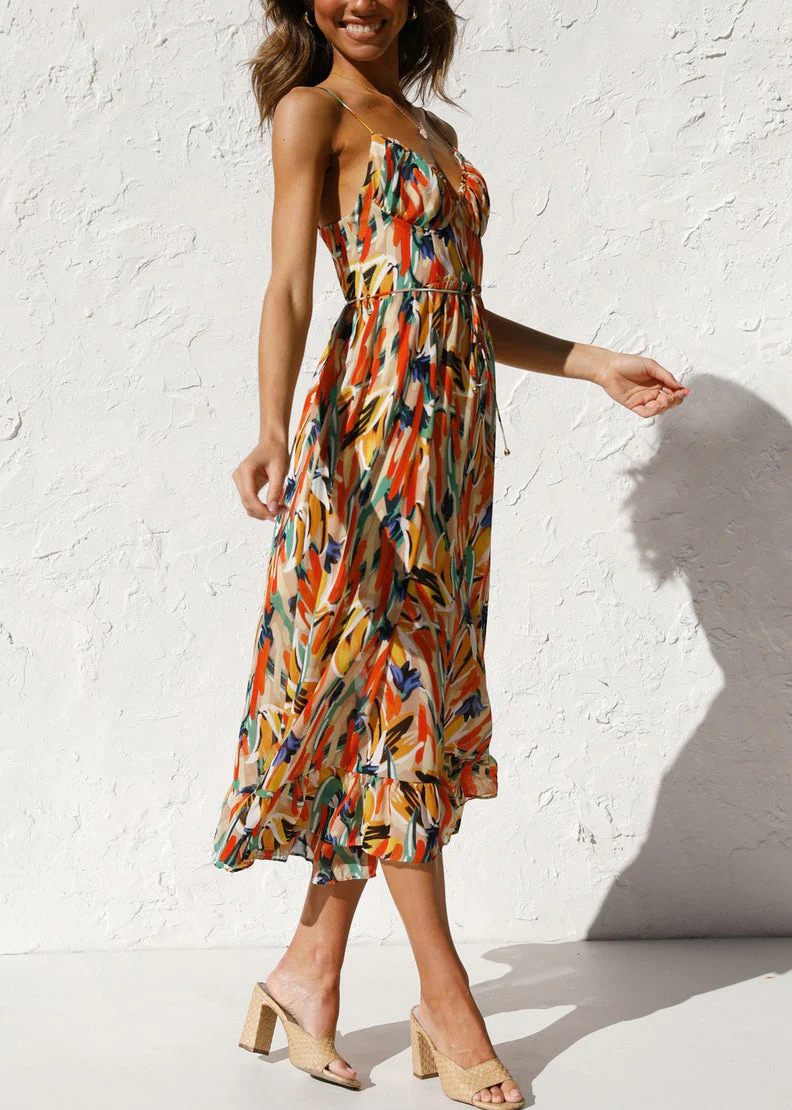 Novelty Orange Ruffled Print Cotton Spaghetti Strap Dress Sleeveless - Image 4