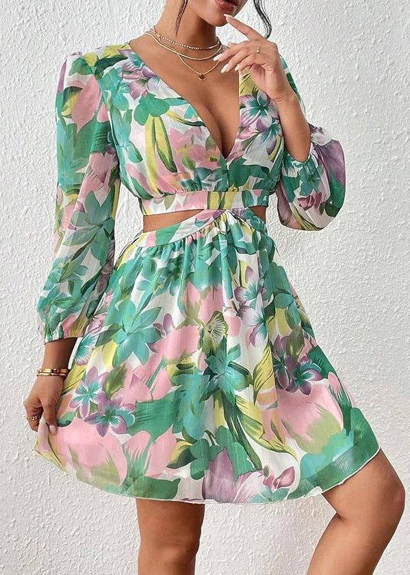 Novelty Pink Hollow Out Print Cotton Mid Dress Fall - Image 4
