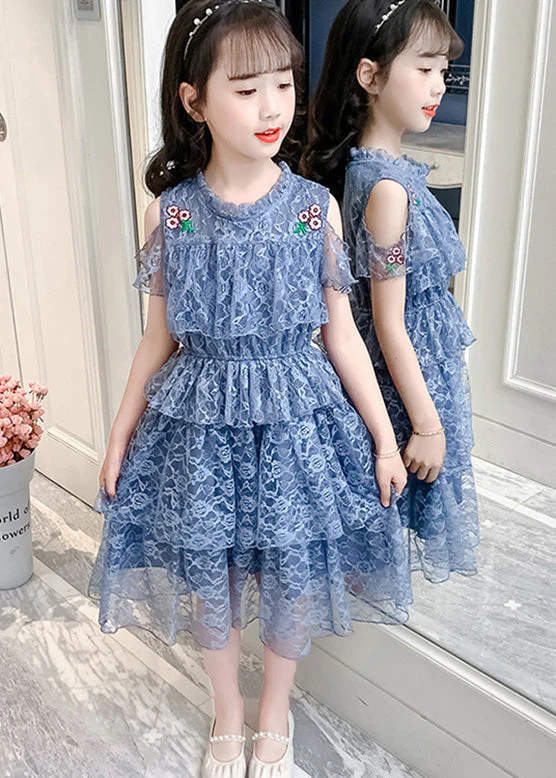 Novelty Pink O-Neck Ruffled Patchwork Floral Girls Long Dresses Short Sleeve - Image 2