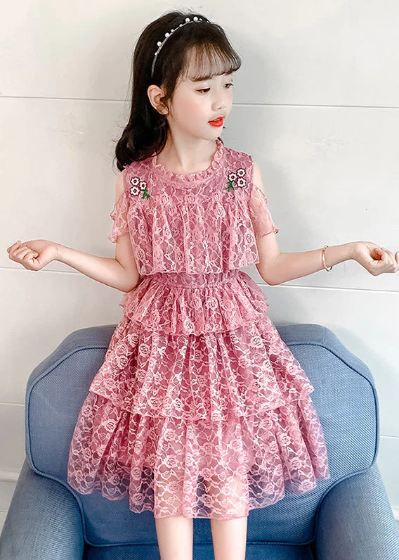 Novelty Pink O-Neck Ruffled Patchwork Floral Girls Long Dresses Short Sleeve - Image 3