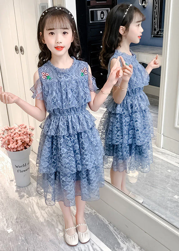 Novelty Pink O-Neck Ruffled Patchwork Floral Girls Long Dresses Short Sleeve - Image 4
