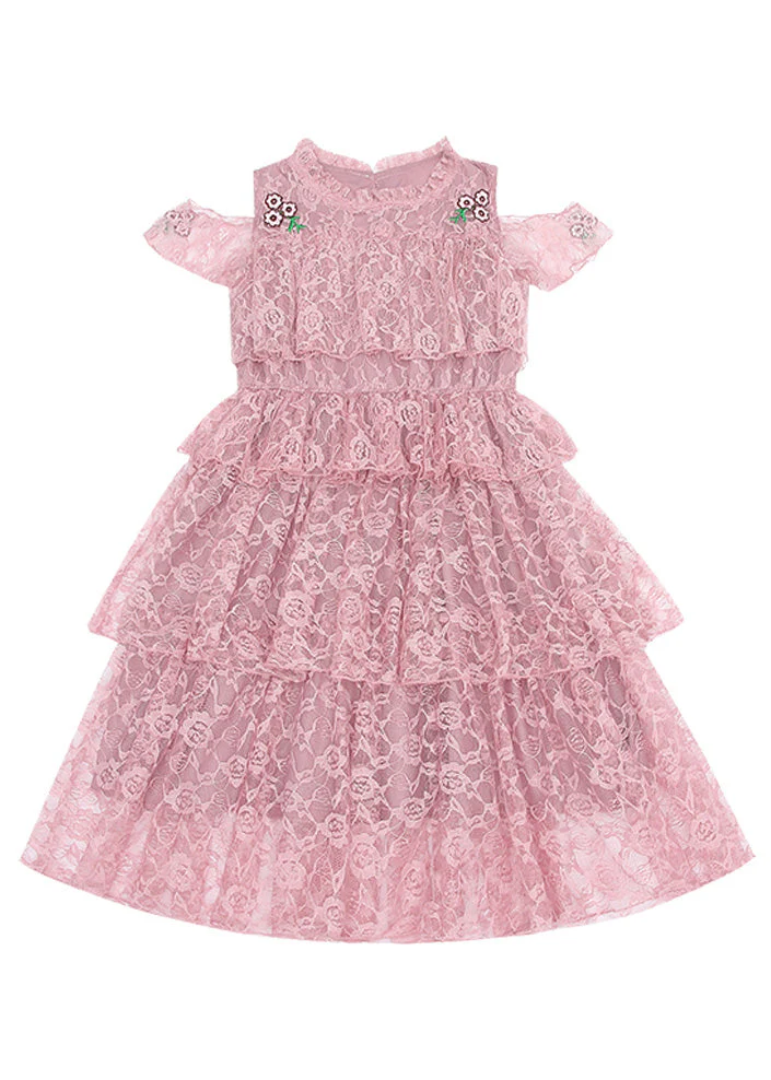Novelty Pink O-Neck Ruffled Patchwork Floral Girls Long Dresses Short Sleeve - Image 5