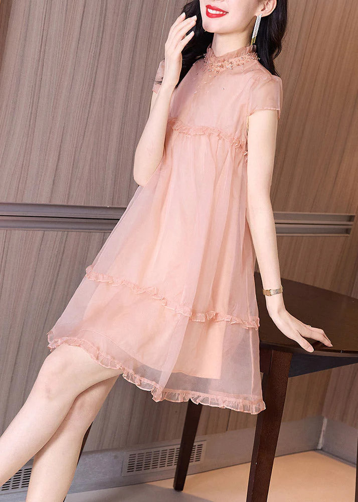 Novelty Pink Ruffled Patchwork Nail bead Tulle Mid Dress Summer - Image 3