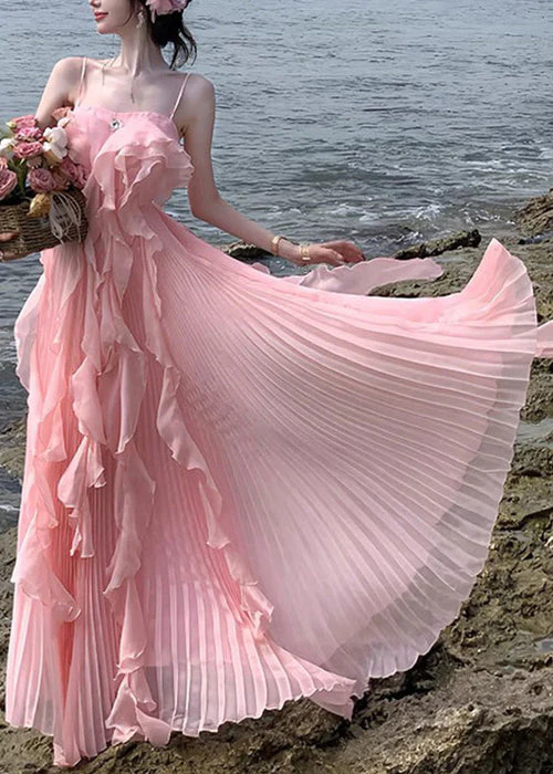 Novelty Pink Ruffled Solid Chiffon Spaghetti Strap Dress Sleeveless