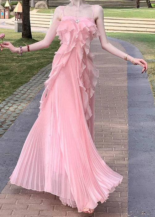 Novelty Pink Ruffled Solid Chiffon Spaghetti Strap Dress Sleeveless - Image 2
