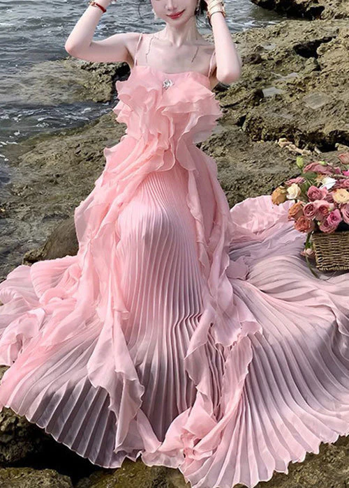 Novelty Pink Ruffled Solid Chiffon Spaghetti Strap Dress Sleeveless - Image 3