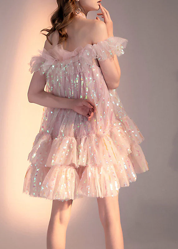 Novelty Pink Slash Neck Sequins Tulle Layered Mid Dress Short Sleeve - Image 2