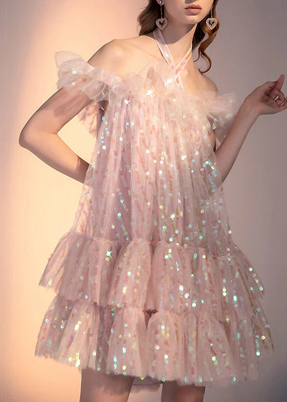 Novelty Pink Slash Neck Sequins Tulle Layered Mid Dress Short Sleeve - Image 3