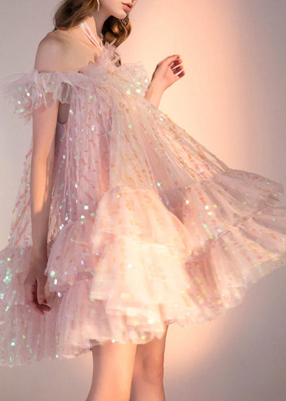 Novelty Pink Slash Neck Sequins Tulle Layered Mid Dress Short Sleeve - Image 4