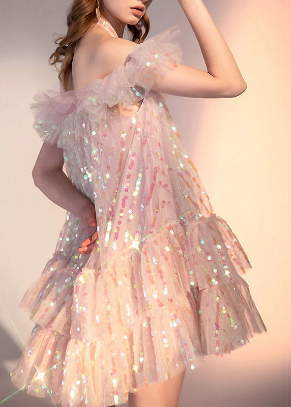 Novelty Pink Slash Neck Sequins Tulle Layered Mid Dress Short Sleeve - Image 5