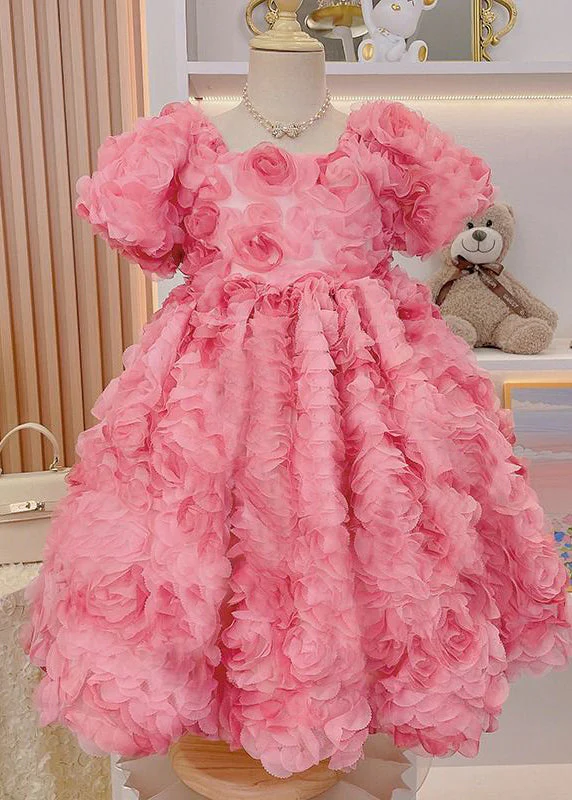 Novelty Pink Square Collar Floral Patchwork Tulle Girls Long Dress Short Sleeve - Image 3