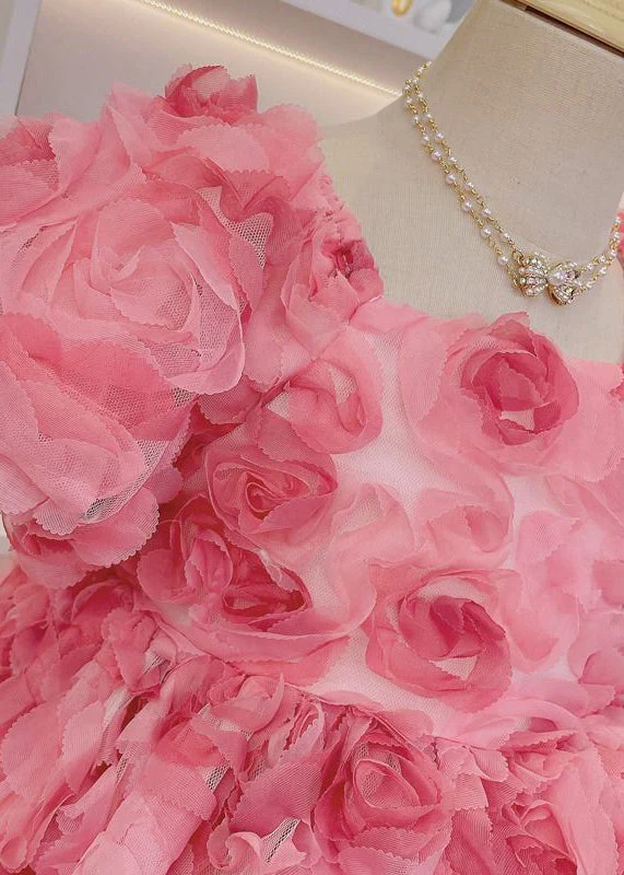 Novelty Pink Square Collar Floral Patchwork Tulle Girls Long Dress Short Sleeve - Image 4
