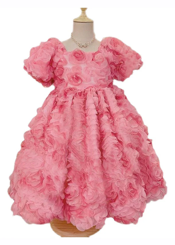 Novelty Pink Square Collar Floral Patchwork Tulle Girls Long Dress Short Sleeve - Image 5