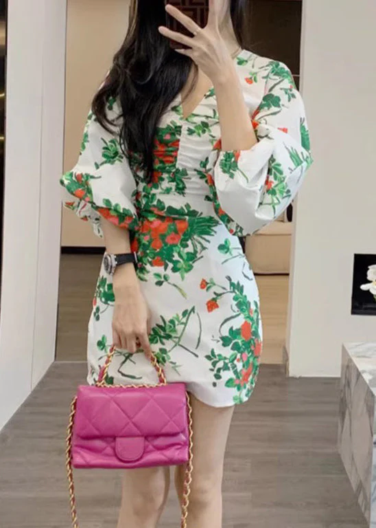 Novelty Pink V Neck Print Wrinkled Cotton Mid Dress Long Sleeve - Image 2