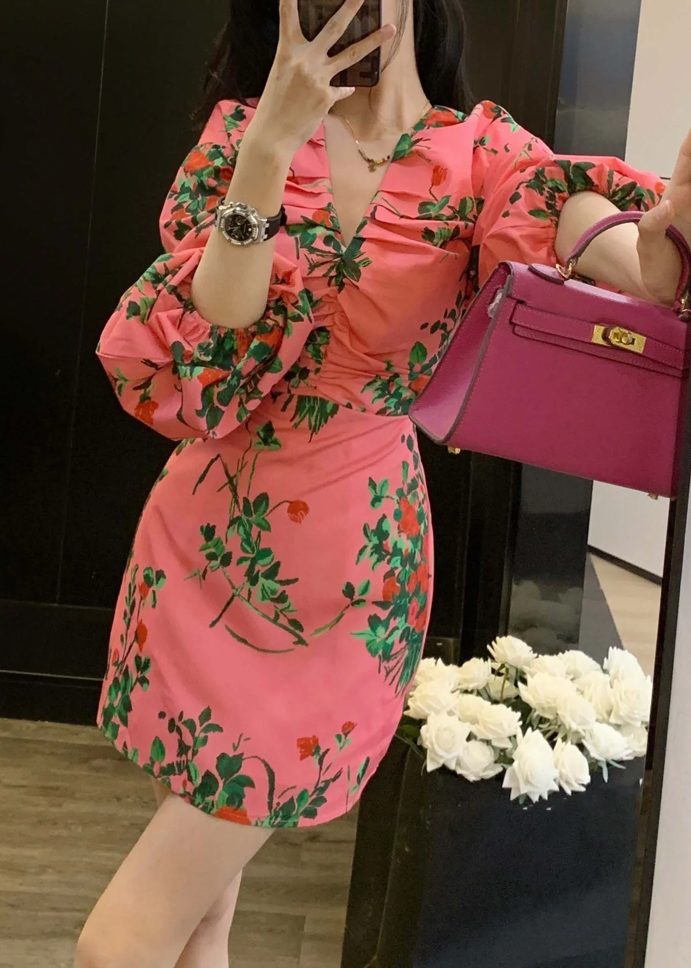 Novelty Pink V Neck Print Wrinkled Cotton Mid Dress Long Sleeve - Image 4