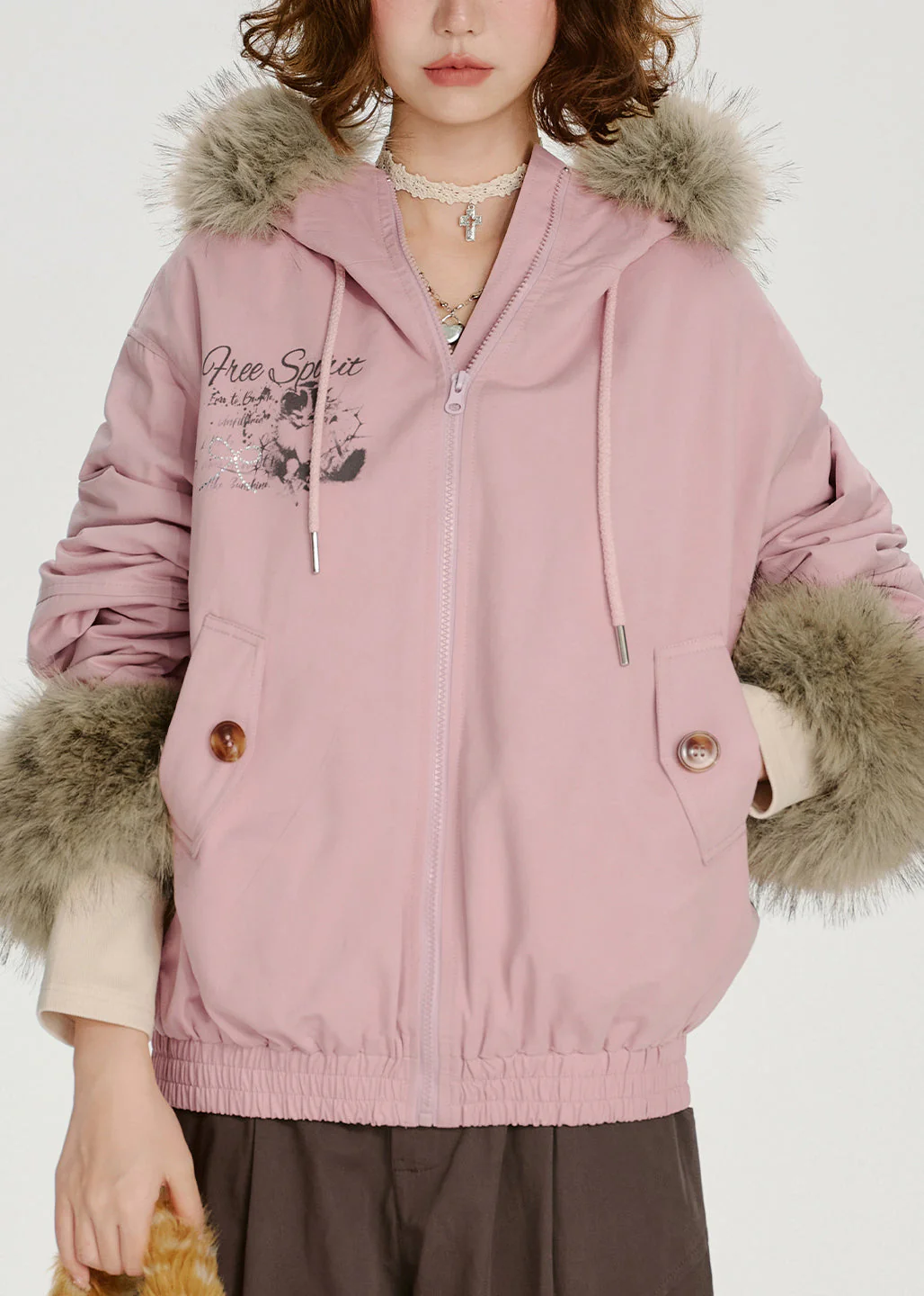 Novelty Pink Zip Up Fur Collar Patchwork Cotton Hooded Jacket Spring - Image 2