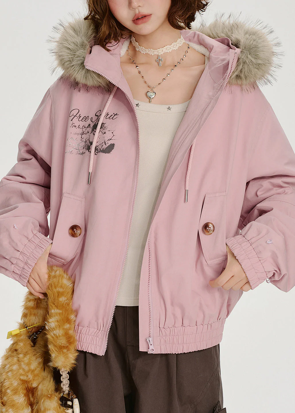 Novelty Pink Zip Up Fur Collar Patchwork Cotton Hooded Jacket Spring - Image 3