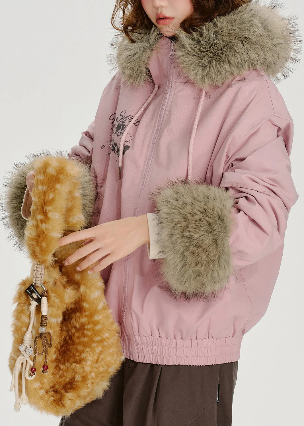 Novelty Pink Zip Up Fur Collar Patchwork Cotton Hooded Jacket Spring - Image 4