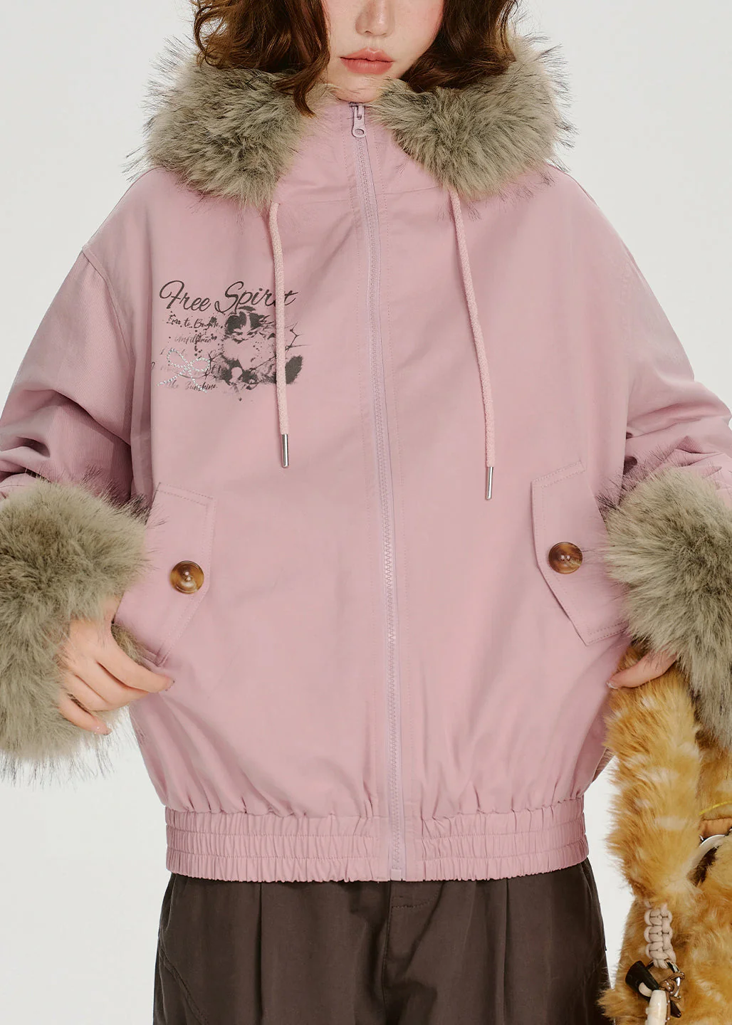 Novelty Pink Zip Up Fur Collar Patchwork Cotton Hooded Jacket Spring - Image 5