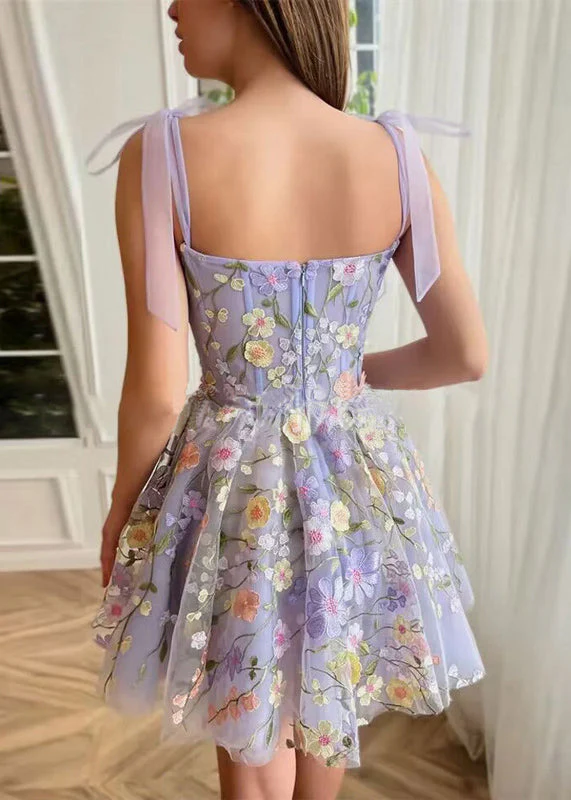 Novelty Purple Embroidered Zippered Tulle Spaghetti Strap Dress Sleeveless - Image 3