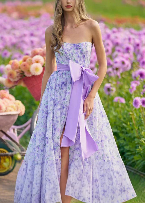 Novelty Purple Print Bow Side Open Maxi Dress Sleeveless - Image 2