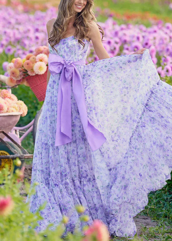 Novelty Purple Print Bow Side Open Maxi Dress Sleeveless - Image 3