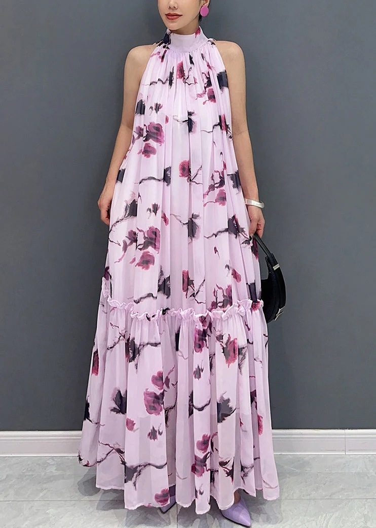Novelty Purple Ruffled Print Chiffon Dresses Sleeveless - Image 3