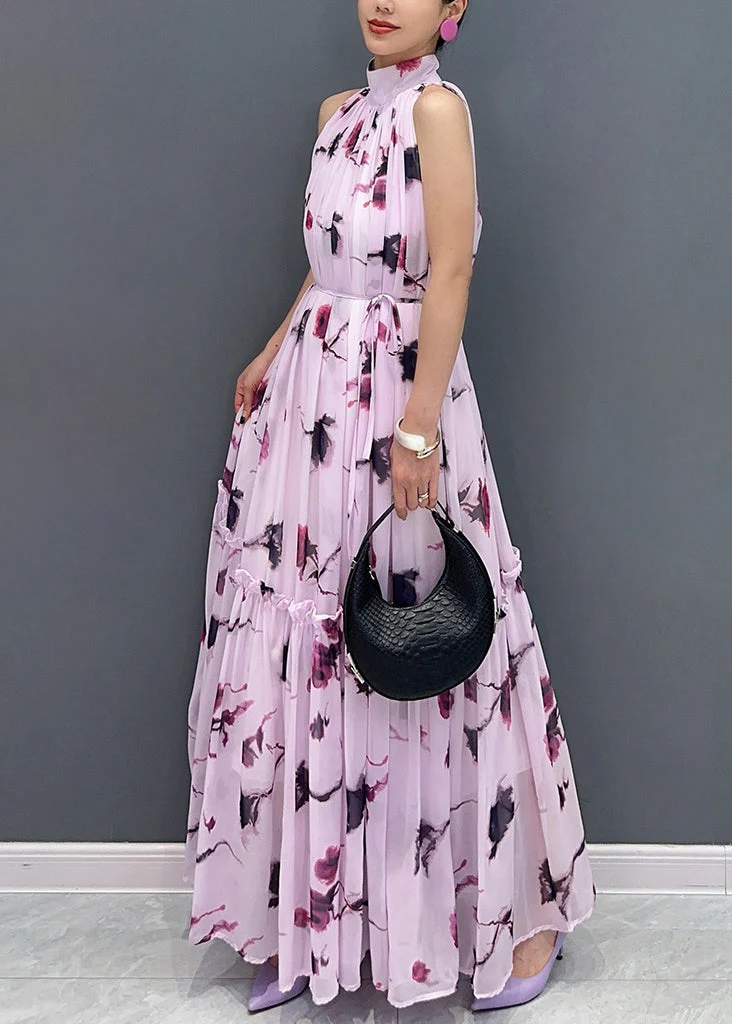 Novelty Purple Ruffled Print Chiffon Dresses Sleeveless - Image 4