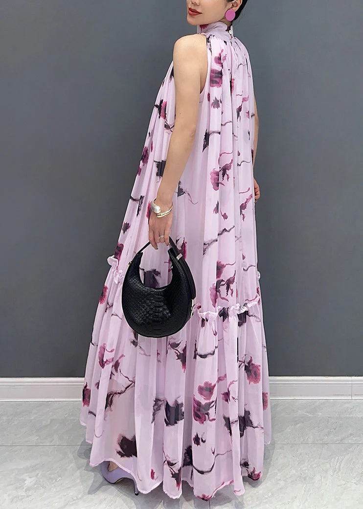 Novelty Purple Ruffled Print Chiffon Dresses Sleeveless - Image 5