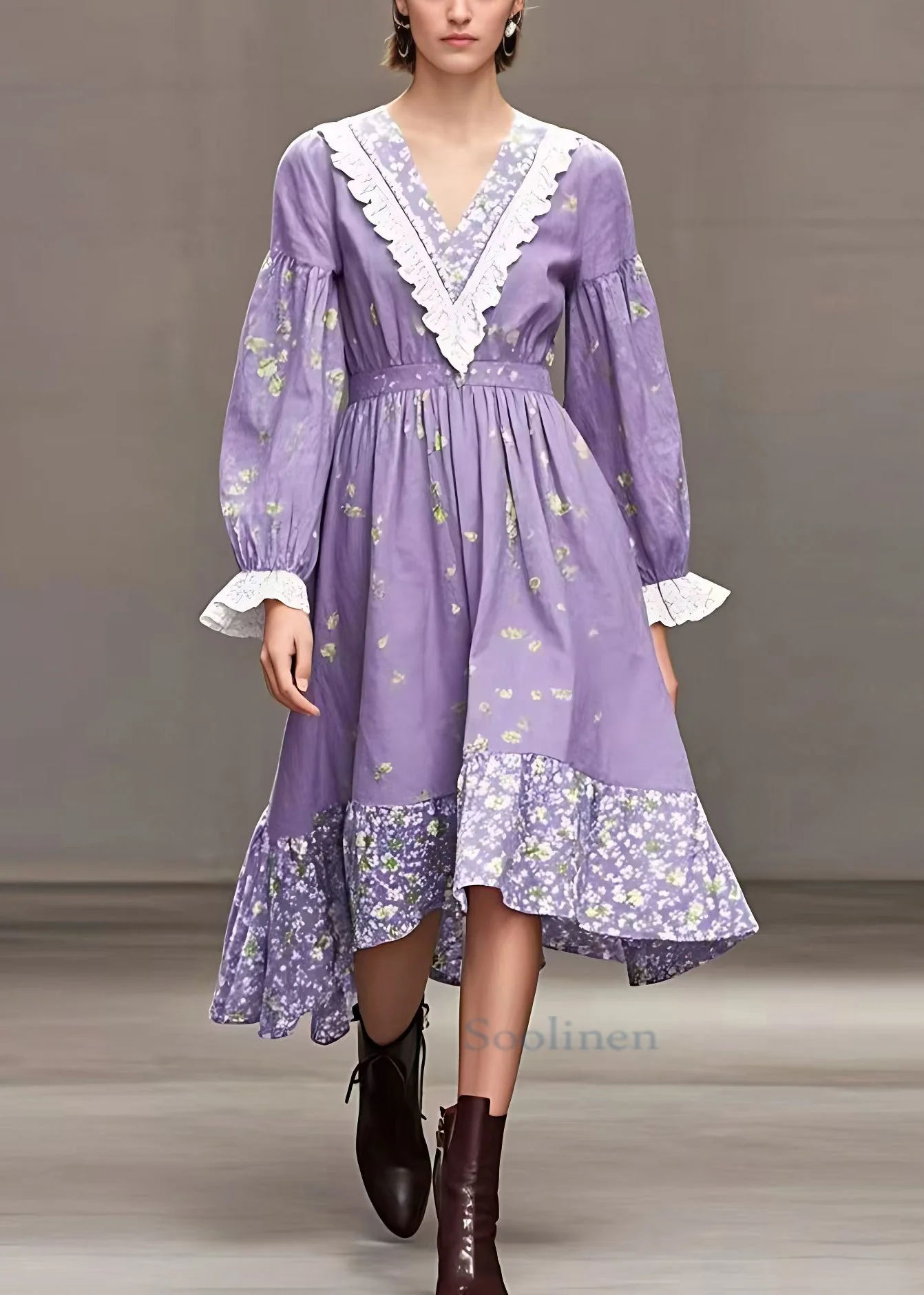 Novelty Purple V Neck Print High Waist Cotton Dresses Fall - Image 2