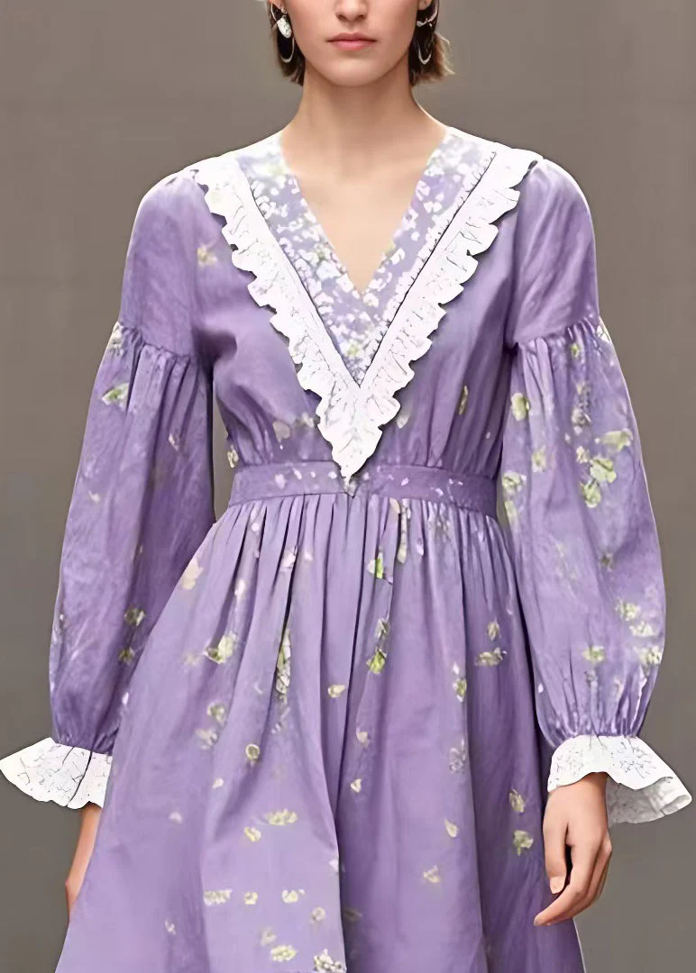 Novelty Purple V Neck Print High Waist Cotton Dresses Fall - Image 3