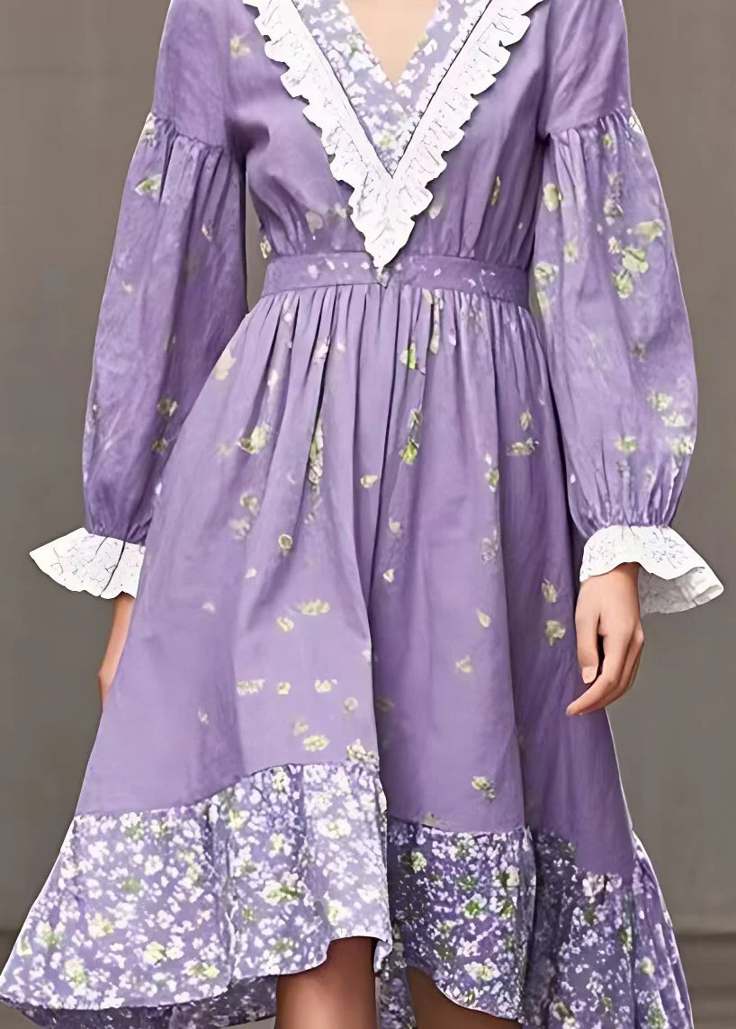 Novelty Purple V Neck Print High Waist Cotton Dresses Fall - Image 4