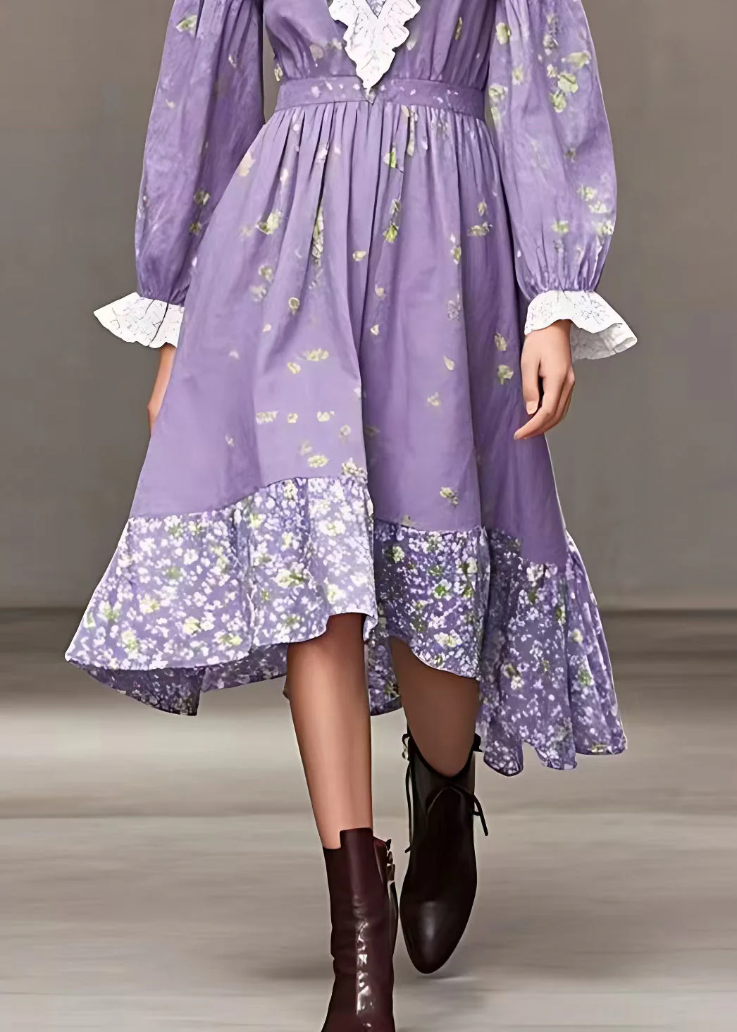 Novelty Purple V Neck Print High Waist Cotton Dresses Fall - Image 5